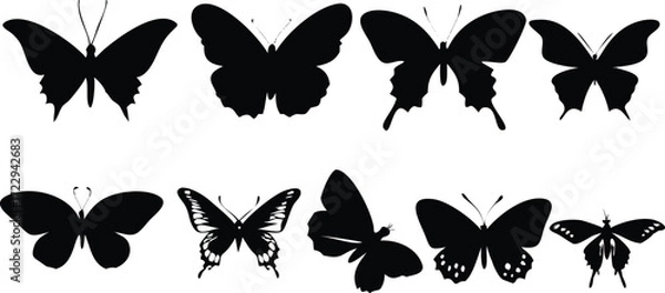 Fototapeta Elegant butterfly silhouettes in flight, perfect for nature-inspired designs, branding, and ethereal projects, offering timeless beauty and versatile applications