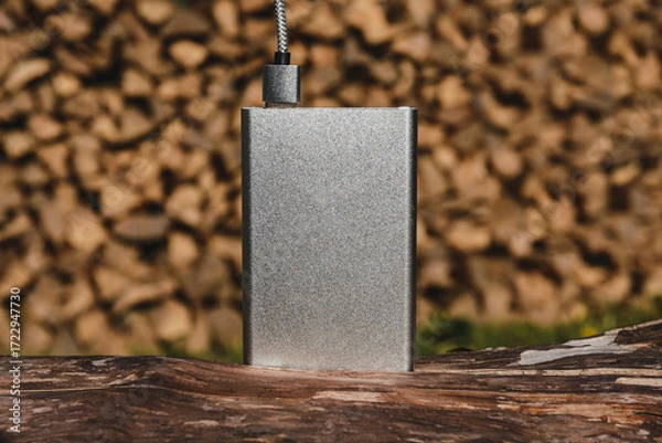 Obraz Silver Titanium and external battery on wooden surface outdoors.