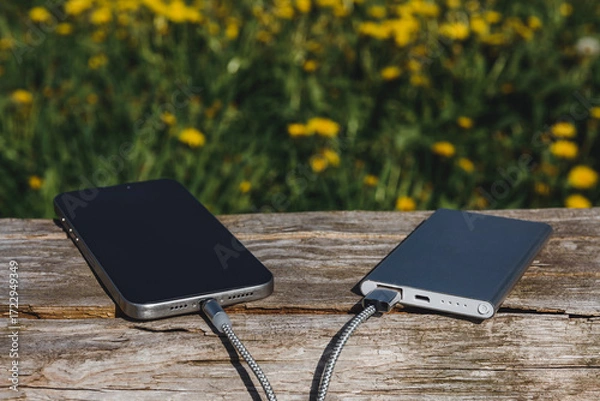 Obraz Stay Connected: smartphone and power bank on a rustic bench with flowers.