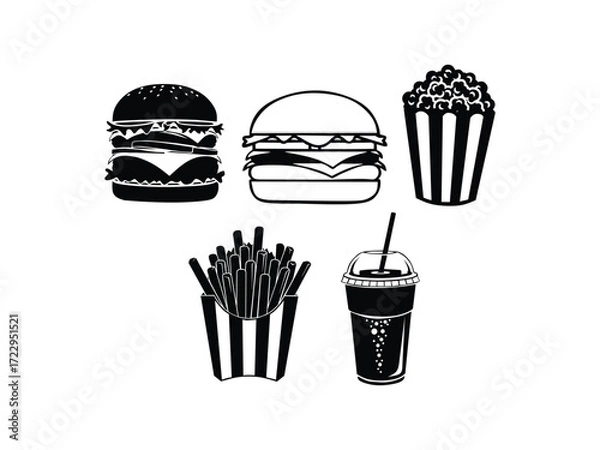 Fototapeta silhouette vector illustration of fast food, hamburger, popcorn, french fries and soda drink isolated on white background 