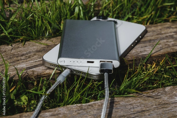 Obraz Charging from a Powerbank in nature: a modern smartphone and an external battery on a wooden log.