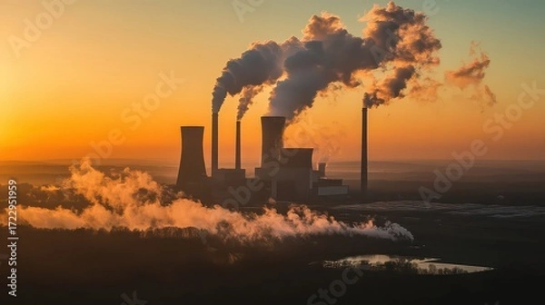 Fototapeta Aerial view of a coal power plant emitting smoke into the atmosphere during a vibrant sunset, pollution concept