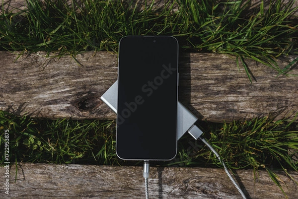 Obraz The smartphone is charged by a power bank on a rustic wooden surface surrounded by green grass.