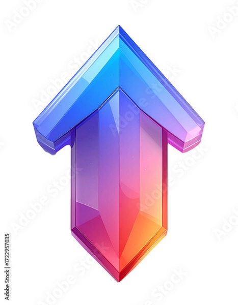 Obraz A vibrant, upward-pointing arrow shaped like a gemstone, with a gradient of blue, purple, pink, and orange hues, exhibiting a polished, multifaceted crystalline texture