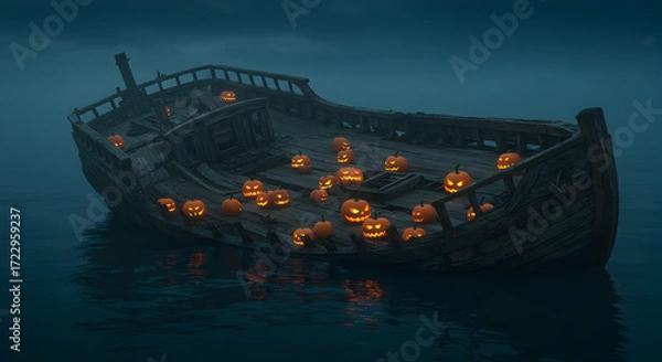 Fototapeta Low Resolution Pixelated Shipwreck Adorned with Halloween Jack O Lanterns on Misty Waters at Twilight