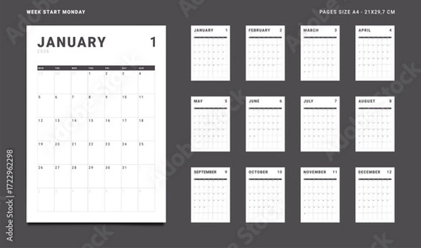 Fototapeta 2026 Calendar Planner Set of new Template 12 Monthly Page for Corporate or Personal use. Vector layout grid vertical of wall or desk organizer with week start Monday for print. Pages size A4-21x29.7