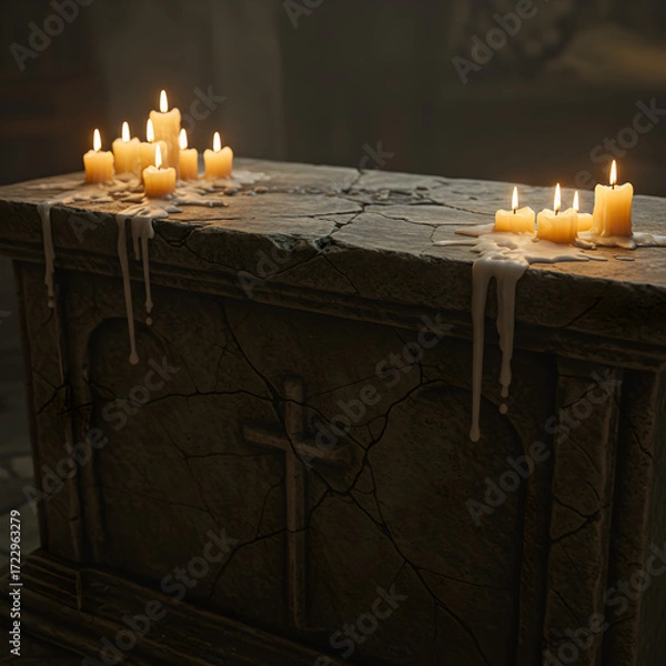 Fototapeta Stone Altar Topped with Lit Candles and Dripping Wax in Dim Interior