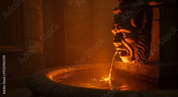 Fototapeta Stone Fountain with Gargoyle Face in Dark Lighting and Water Flowing Out In Dark Room with Fog