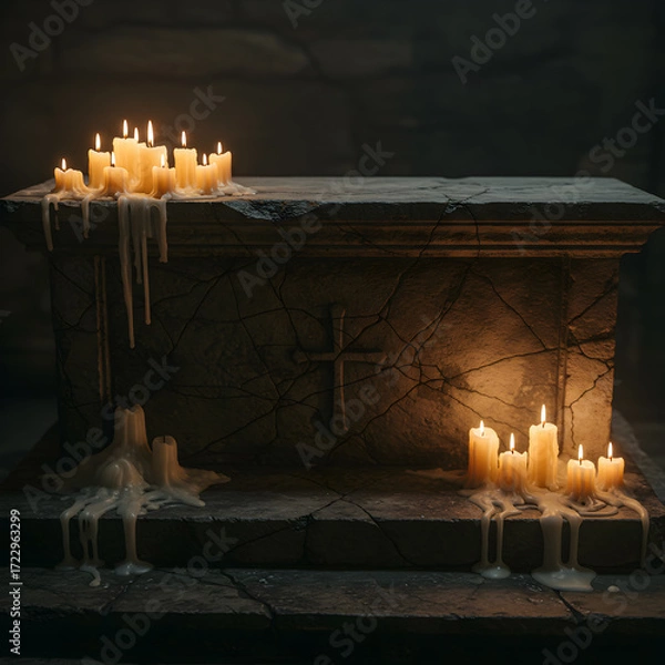 Fototapeta Stone Altar with Cross Relief Surrounded by Lit Candles in Dark Setting