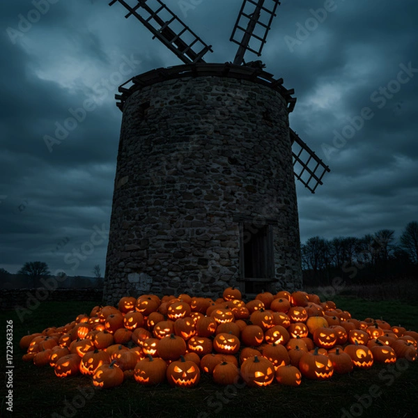 Fototapeta Stone Windmill with Glowing Jack O Lanterns on Dark Field at Dusk