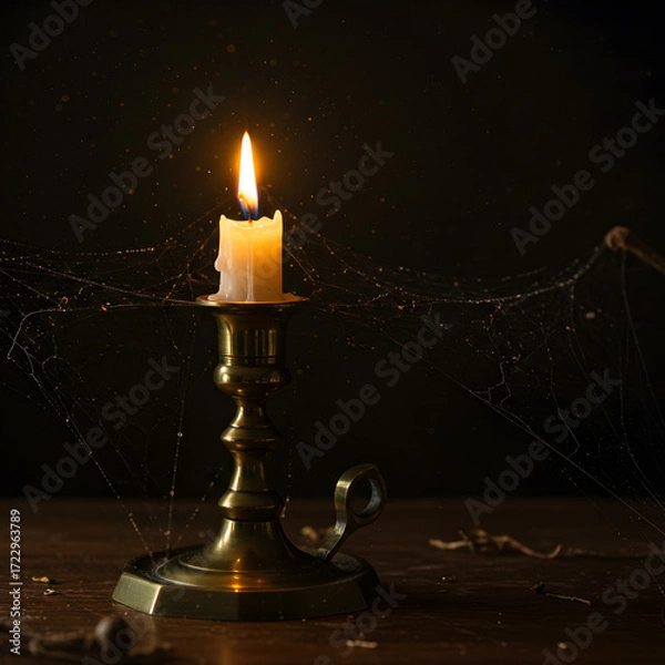 Fototapeta Wax Candle Burning in Brass Candlestick with Cobwebs on Wooden Table Against Dark Background