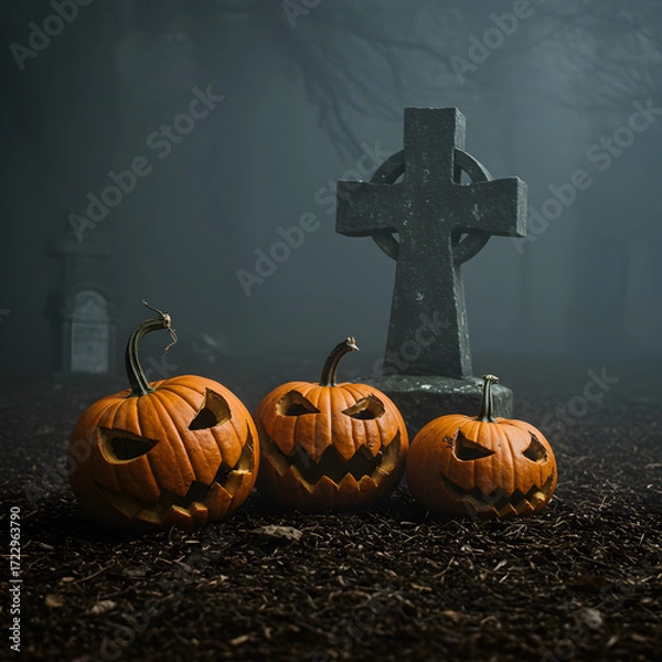 Fototapeta Three Carved Pumpkins in Row Near Gravestone at Night