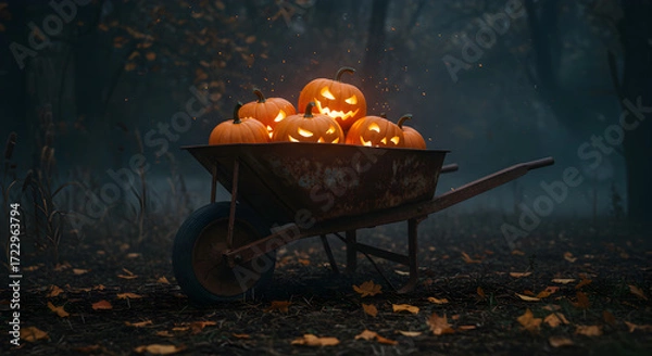 Fototapeta Wheelbarrow Stacked with Carved Pumpkins in Forest at Twilight