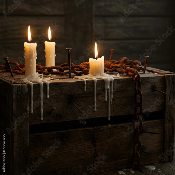 Fototapeta Three Lit Candles Atop Weathered Wooden Crate with Rusty Nails and Chain in Dark Moody Lighting