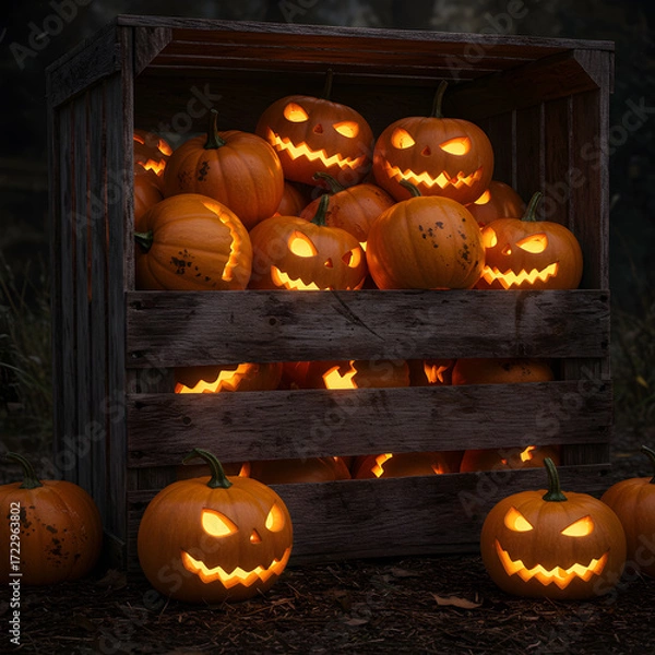 Fototapeta Wooden Crate Overflowing with Glowing Carved Orange Pumpkins with Dark Moody Background