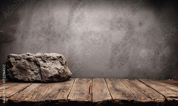 Obraz Close-Up of a Rustic Gray Rock on Weathered Wooden Planks Against Textured Gray Wall