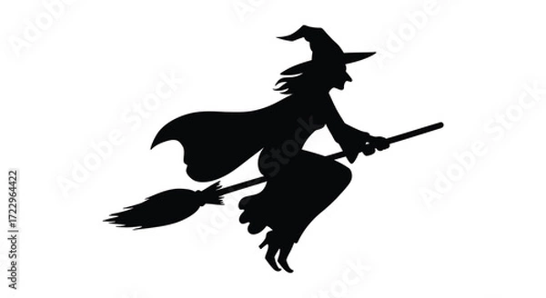 Fototapeta A dark shape of a witch flying on a broomstick silhouette