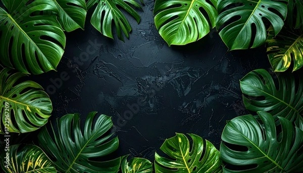 Obraz Tropical leaves frame dark surface