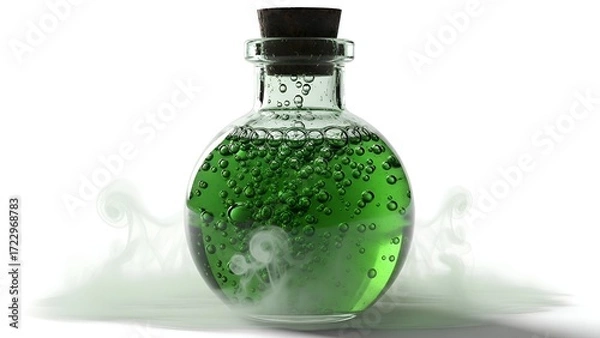 Fototapeta A creepy green bubbling potion, reminiscent of a mysterious swamp concoction, held within a round glass bottle and shrouded in eerie mist, isolated on a stark white background
