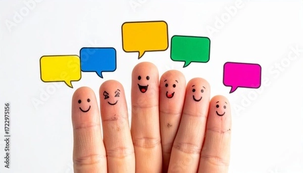 Obraz Fingers with smiley faces and speech bubbles