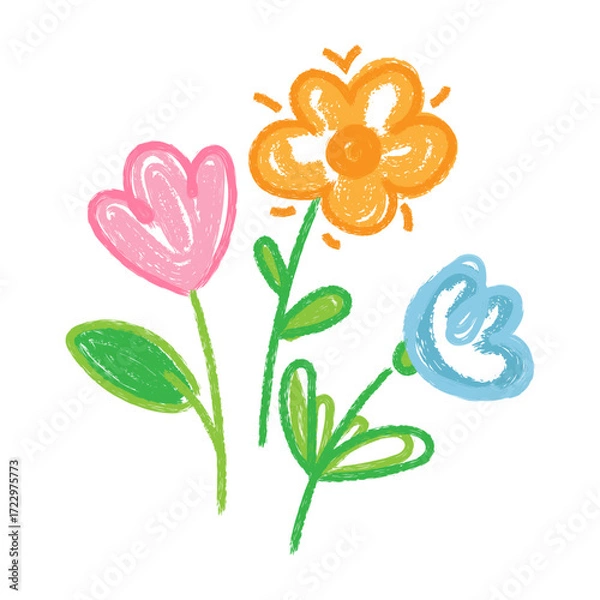 Fototapeta Crayon drawing of three colorful flowers with green stems and leaves on white background suitable for children books educational materials greeting cards posters nursery decor. Vector illustration