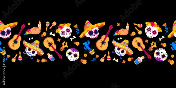 Fototapeta Mexican calavera sugar skulls seamless pattern with traditional elements for Day of the Dead holiday design. Dia de los muertos seamless border for printing, textiles, paper. Vector