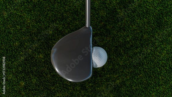 Obraz ゴルフ練習場でボールをウッドドライバーで打った瞬間のボールが凹むイメージ
