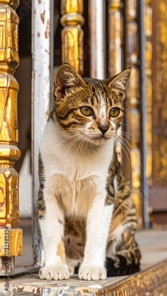 Fototapeta Tabby cat sits in doorway