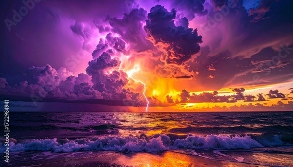 Obraz Dramatic sunset over ocean with vibrant storm clouds and lightning