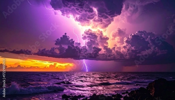 Obraz Dramatic storm clouds over the ocean at sunset