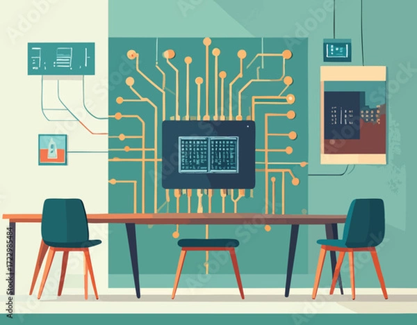 Fototapeta Modern conference room design centered on a powerful wall-mounted neuromorphic chip, symbolizing the future of brain-inspired computing