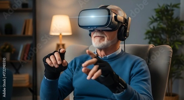 Obraz Elderly man enjoying virtual reality gaming and experiencing immersive digital entertainment at home