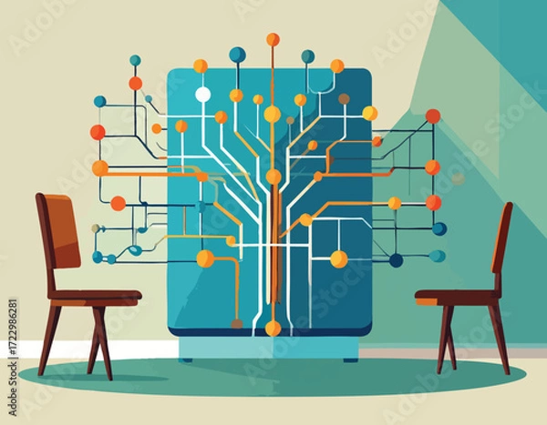 Fototapeta Conceptual Illustration of a Neuromorphic Chip Represented as a Network Within a Cabinet, Flanked by Chairs, Suggesting Collaborative Data Processing and Innovative Digital Solutions