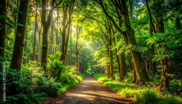 Fototapeta Sunlit forest path. Lush greenery and sunlight streaming through trees