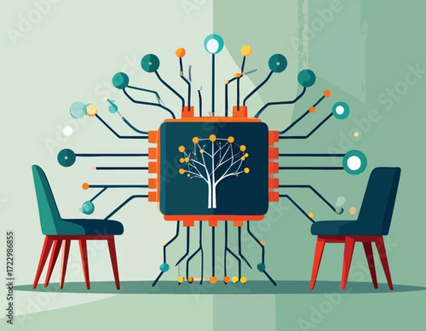 Fototapeta Abstract illustration of a neuromorphic chip representing a tree, with two chairs facing it, symbolizing artificial intelligence and its impact on decision-making and future innovation