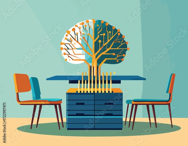 Fototapeta Illustration of a digital brain tree as a neuromorphic chip, symbolizing the fusion of nature and AI technology for future computing