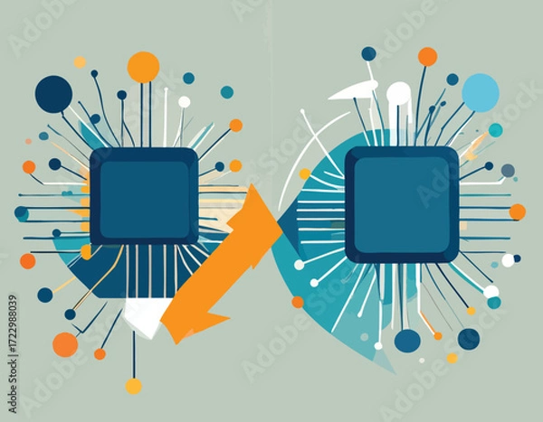 Fototapeta Futuristic illustration depicting efficient data communication and transfer between an advanced neuromorphic chip and a CPU