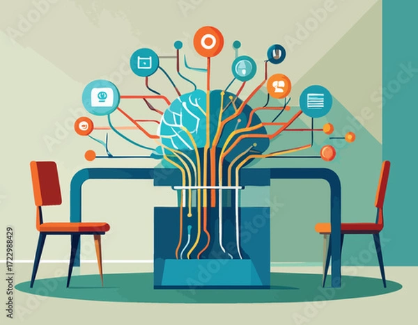 Fototapeta Neuromorphic Chip Collaboration A Synergy of Brainpower, Technology, and Shared Ideas in an Abstract Digital Workspace