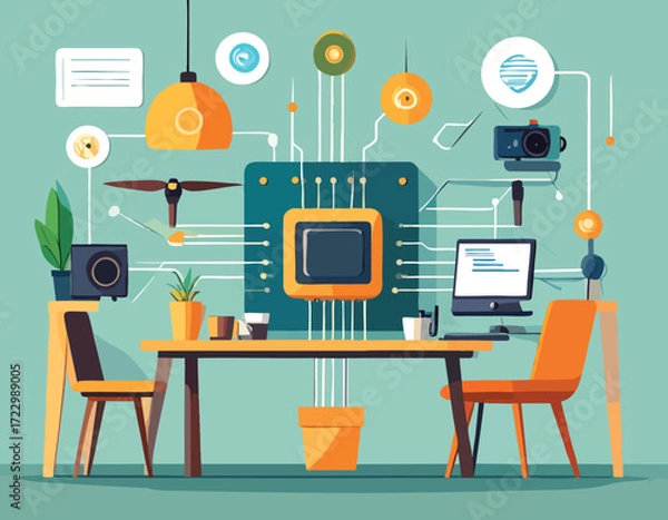 Fototapeta Illustration of an office space showcasing connected technological elements, including a neuromorphic chip and modern office equipment for data processing and advanced computing