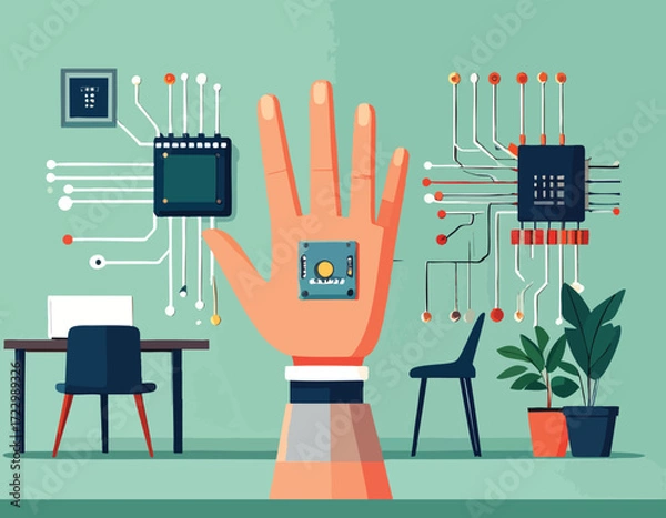 Fototapeta The future of human augmentation with an implanted neuromromorphic chip connecting biology and advanced artificial intelligence technology
