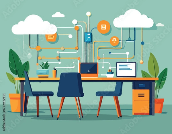 Fototapeta Neuromorphic Chip Cloud Networking Streamlined Workspace for Enhanced Connectivity and Data Management in Modern Computing