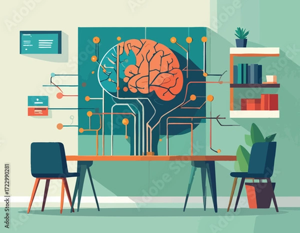 Fototapeta Illustration of a neuromorphic chip concept, showcasing the intricate design and potential of advanced artificial intelligence technology integrated into a modern office setting