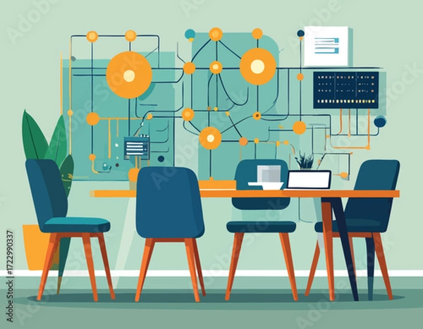 Fototapeta A modern conference room showcasing a complex neuromorphic chip architecture, illustrating the future of artificial intelligence