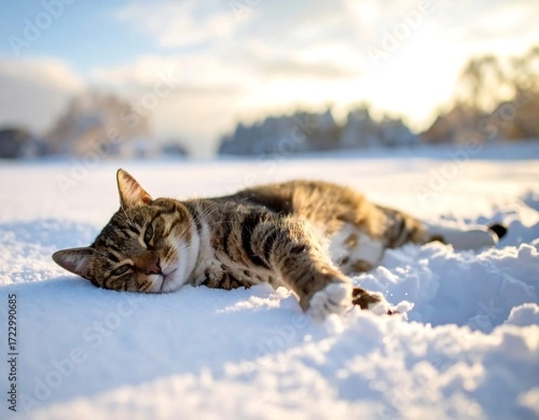 Fototapeta Tabby cat sleeps in snow