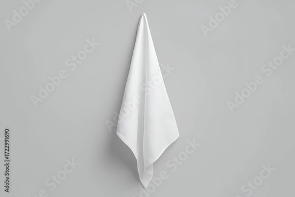 Fototapeta Clean White Towel Hanging Against Gray Wall Background. Mock up promotion information for marketing announcements and details, blank white space.