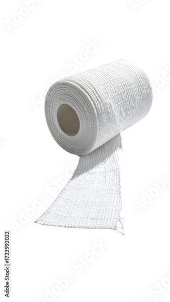 Obraz A neatly rolled-up, white, cloth bandage with a portion unfurled, rests on a transparent background