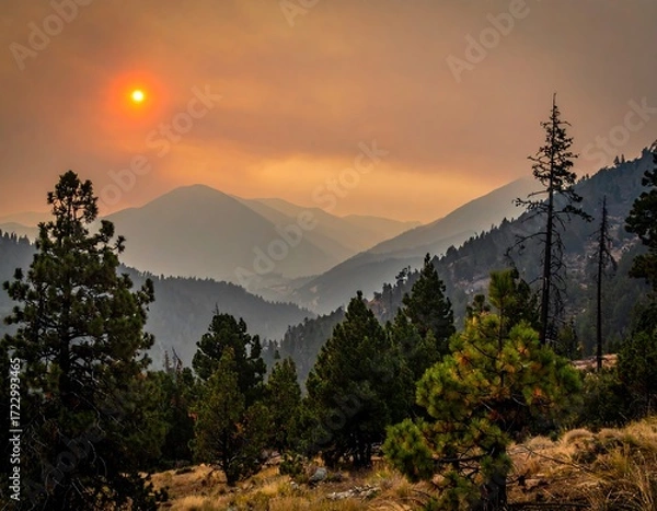Fototapeta Smoky sunset over a mountain valley