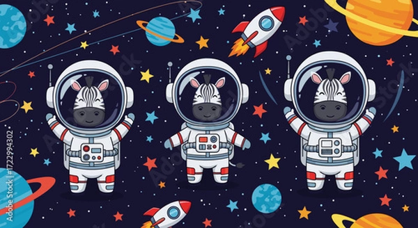 Fototapeta Cartoon zebra astronauts exploring a vibrant outer space with planets stars and rockets
