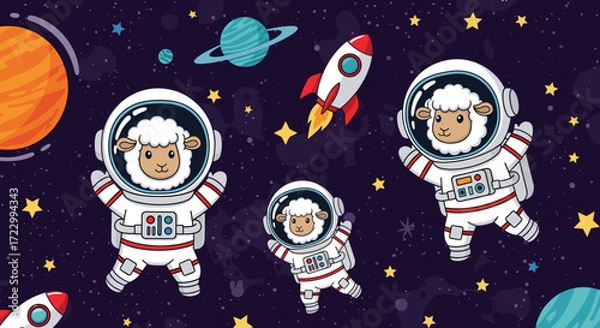 Fototapeta Cute cartoon sheep astronauts float in starry space with rockets and planets inspiring imagination