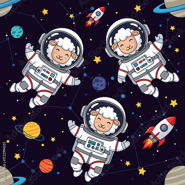 Fototapeta Three happy cartoon sheep astronauts float in space with planets and stars Fun childlike adventure